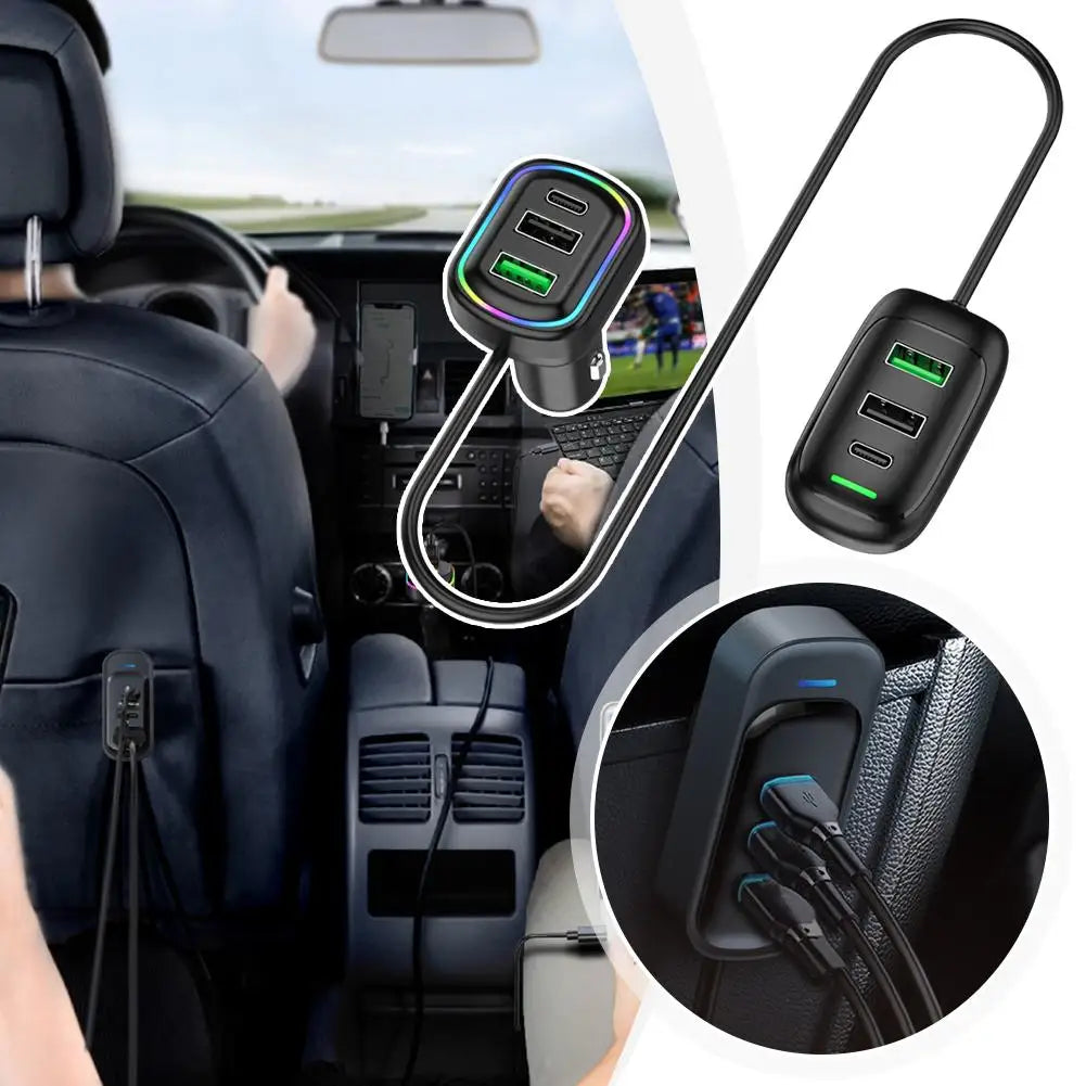 6-Ports USB Type-C Front And Rear Extension Car Charger With RGB Light PD Fast Charging Power Adapter For Iphone Tablet