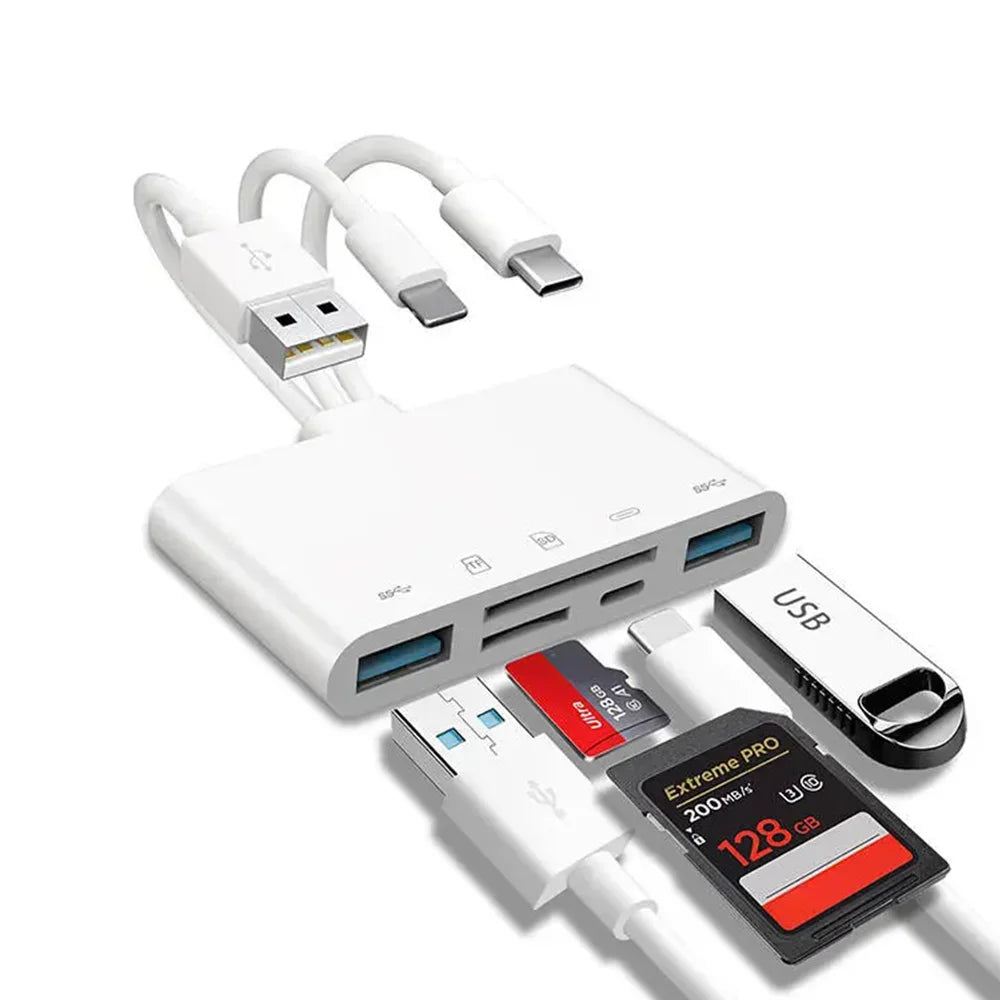 Three-wire 5-in-1 card reader, multi-function OTG converter, high-speed transmission, compatible with Iphone/Android/ipad