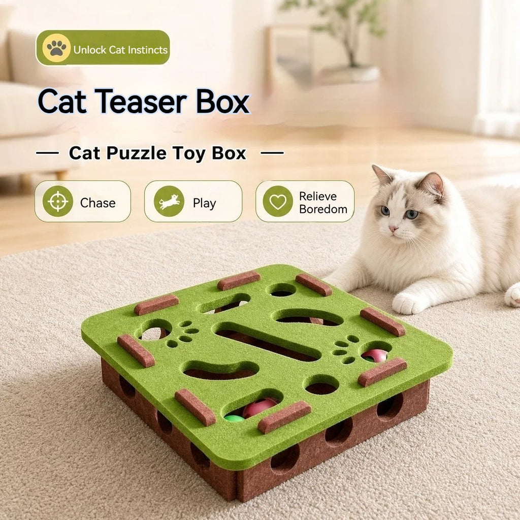 Interactive Cat Toy Felt Maze Box with Bell Ball Self Play Cat Teaser Box Stimulate Hunting Instinct Relieve Boredom Stress