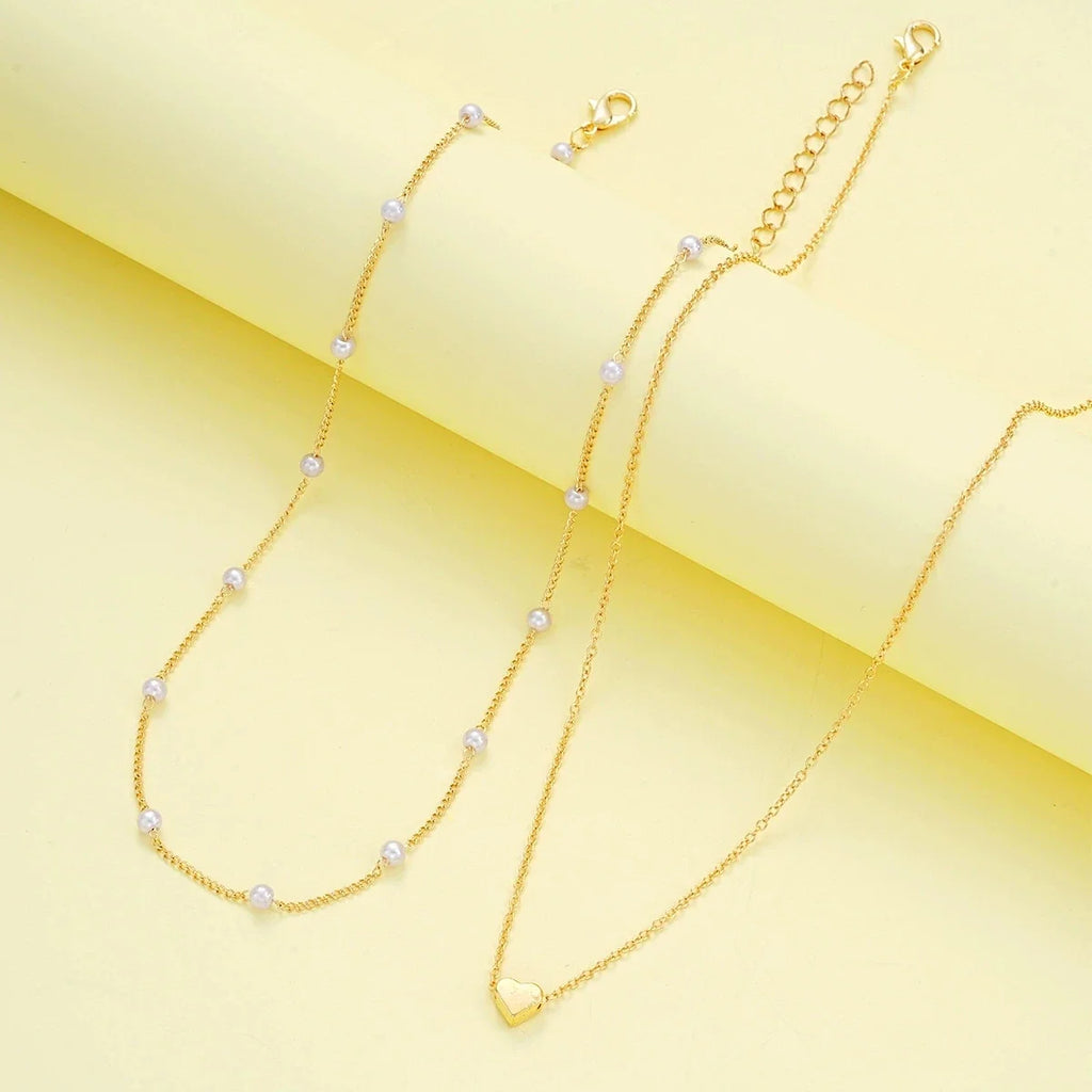 Fashion Imitation Pearl Heart Jewelry Set For Women Gold Silver Color Round Beads Necklace Bracelet Set Daily Wear Accessories