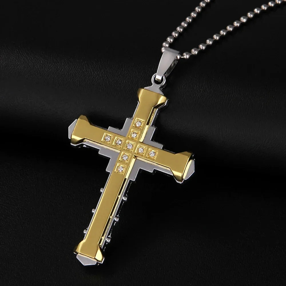 2024 New Male Crystal Cross Jesus Pendant Gold/Black/Blue Color Zirconia Cross Pendant Necklace Stainless Steel Jewelry