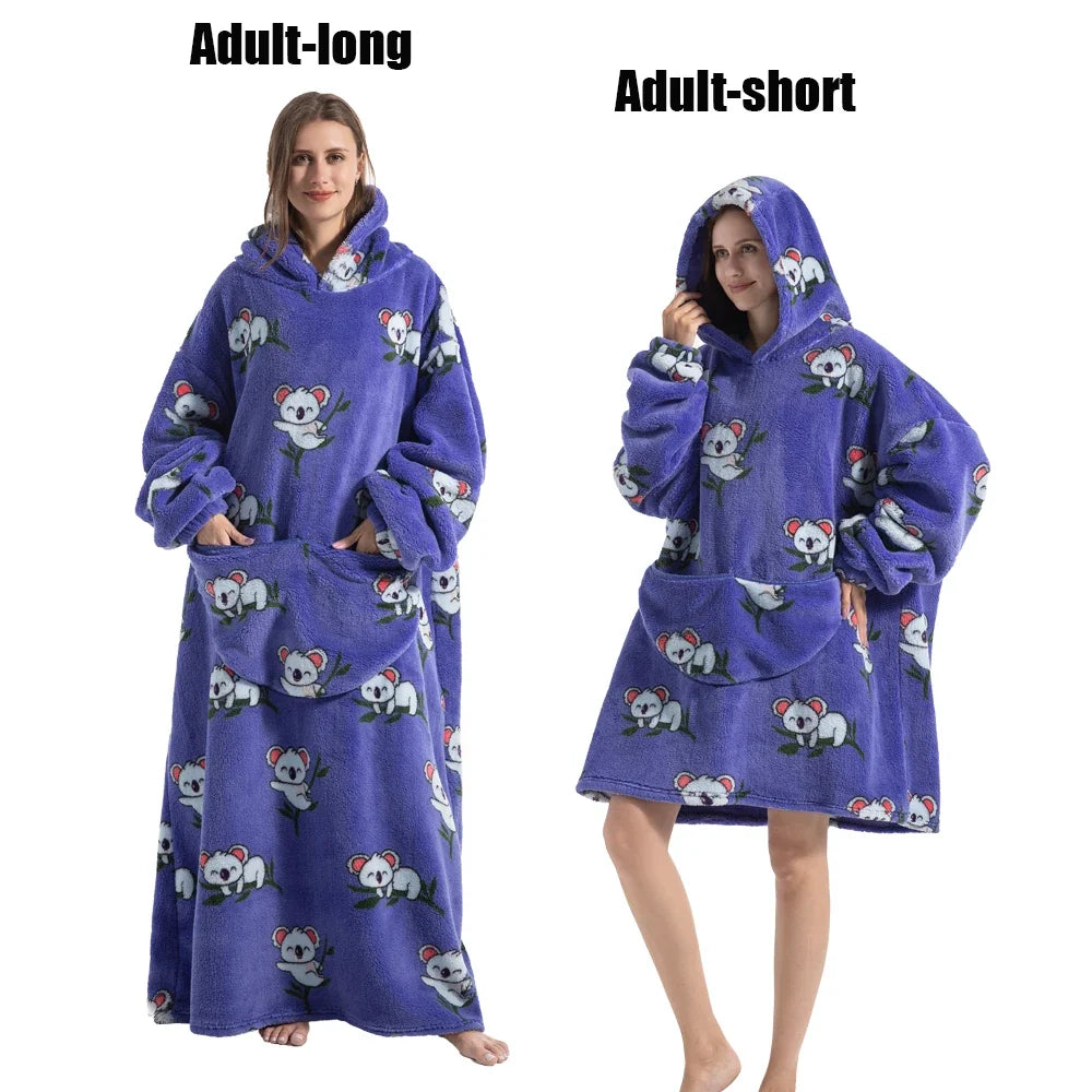 Women Plush Fleece Blanket Men Warm Thick Hoodies Adult Giant TV Blanlets with Sleeves Super Long Cold-proof Homewear Pajamas