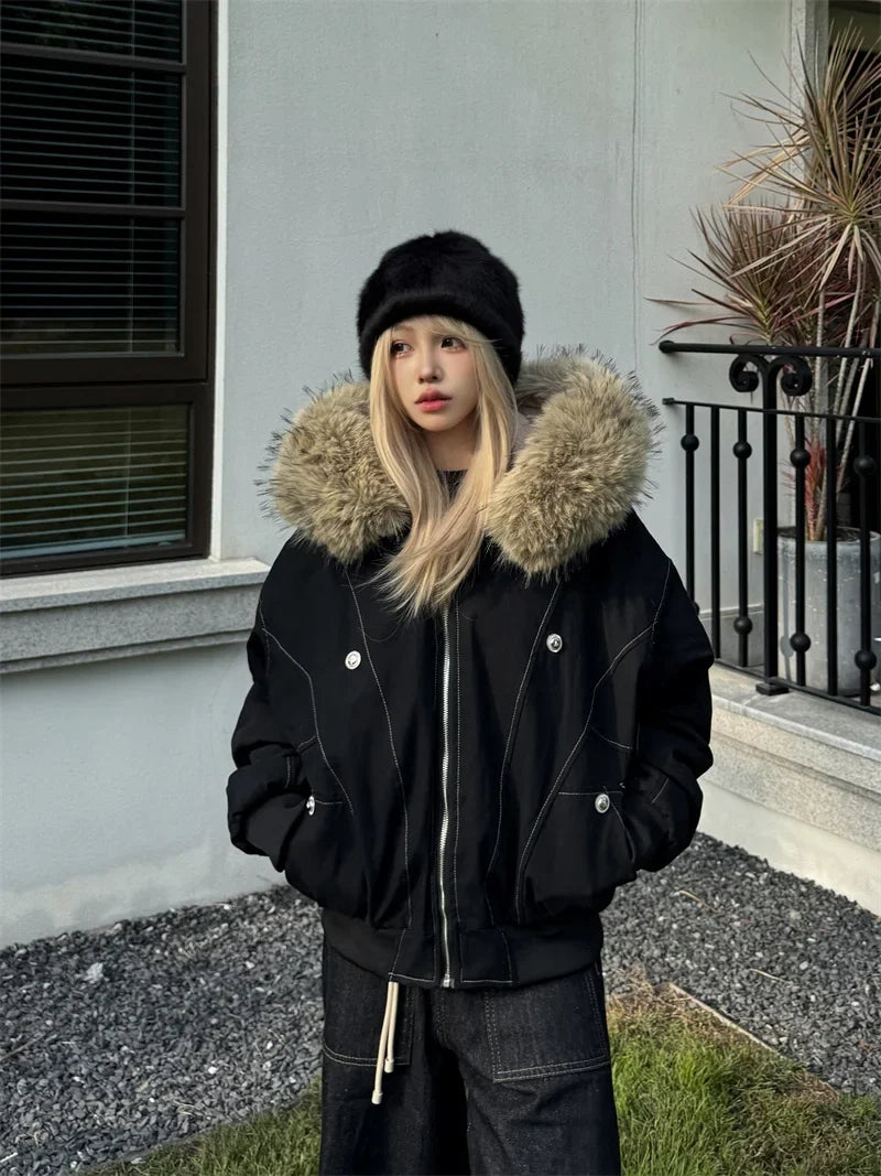 ZAROY Fur Collar Hooded Parkas Y2k Harajuku Thicken Padded Jackets Casual Zipper Gothic Women&Men Winter Coats Streetwear кур