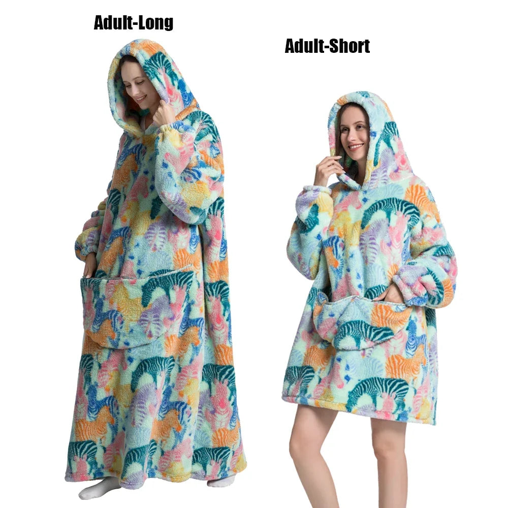 Women Plush Fleece Blanket Men Warm Thick Hoodies Adult Giant TV Blanlets with Sleeves Super Long Cold-proof Homewear Pajamas