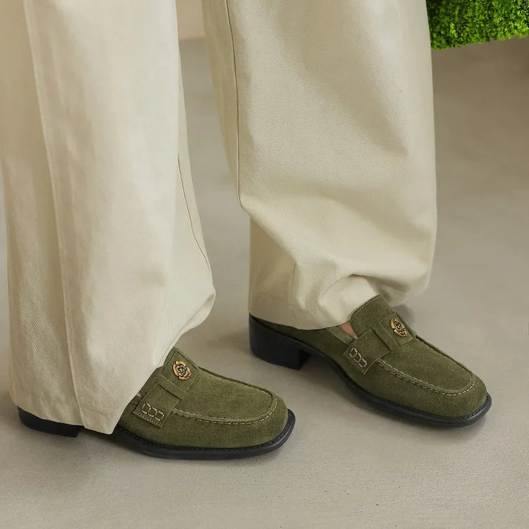 New Spring/Autumn Cow Suede Women Shoes Fashion Retro Square Toe Shoes for Women Mid Heels Women Pumps Handmade Green Loafers