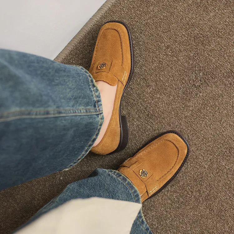 New Spring/Autumn Cow Suede Women Shoes Fashion Retro Square Toe Shoes for Women Mid Heels Women Pumps Handmade Green Loafers