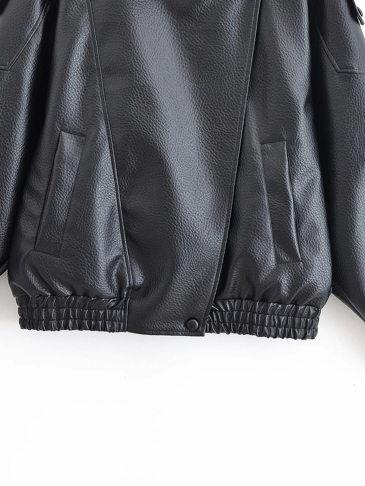 HH Autumn Faux Leather Jacket For Women Casual Solid Long Sleeve Zipper Pu Leather Coats New Fashion Female Streetwear