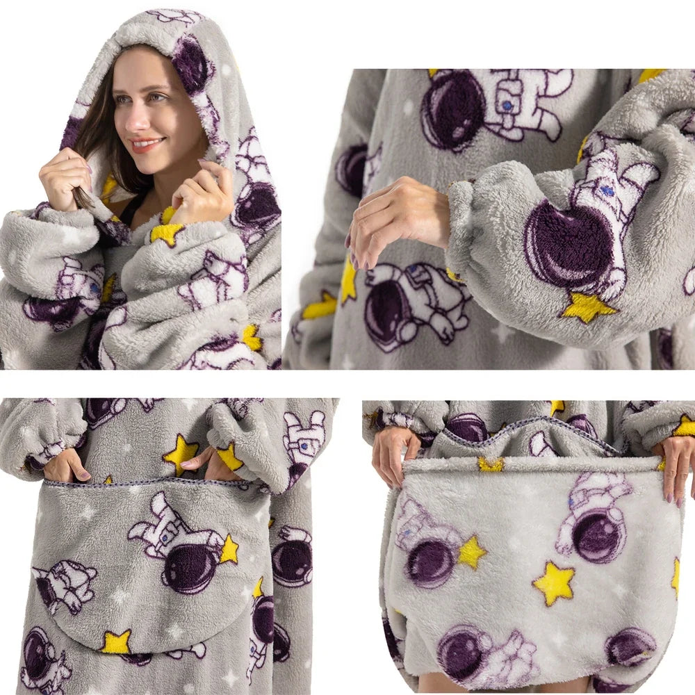 Women Plush Fleece Blanket Men Warm Thick Hoodies Adult Giant TV Blanlets with Sleeves Super Long Cold-proof Homewear Pajamas