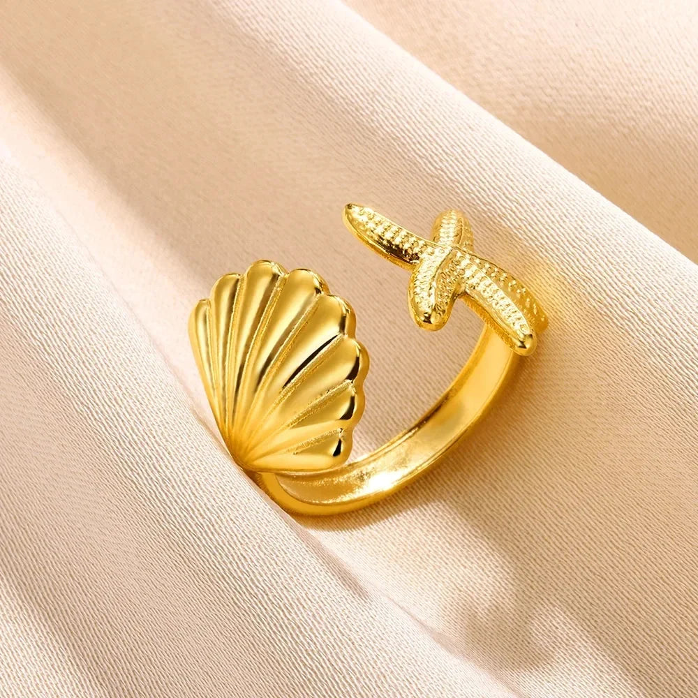 316L Stainless Steel Shell Rings for Women Adjustable Gold Color Little Star Open Rings Female Jewelry Weddings Gifts New Trendy
