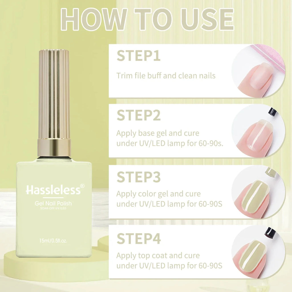 Hassleless 1 Bottle (15ml) Pale Yellow Solid-Color Nail Gel — Simple, Beginner-Friendly Soak-Off Gel Polish, Suitable for All Se