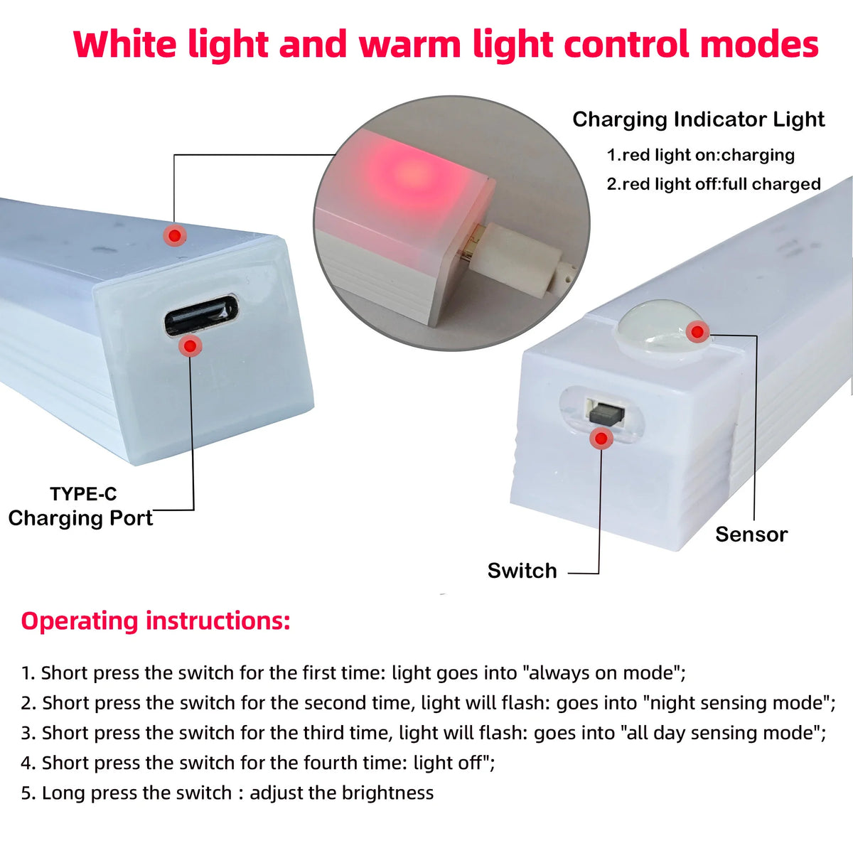 Motion Sensor Lamp Night Light Wireless LED USB Type C Rechargeable Lamp for Kitchen Cabinet Bedroom Wardrobe Staircase Lighting