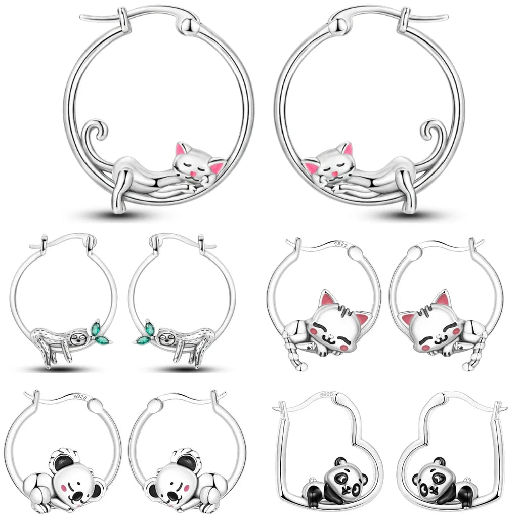 925 Sterling Silver Cute Lazy Cat Animal Pet Earrings Jewelry Hoop Earrings For Women Jewelry Birthday Party Fine Gifts