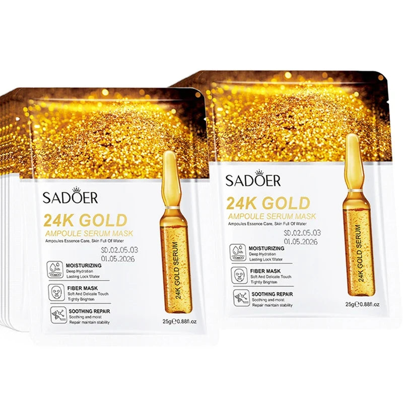 10pcs SADOER 24K Gold Vitamin C Hyaluronic Acid Face Mask Facial Moisturizing Firming Hydrating Facial Masks Skin Care Products