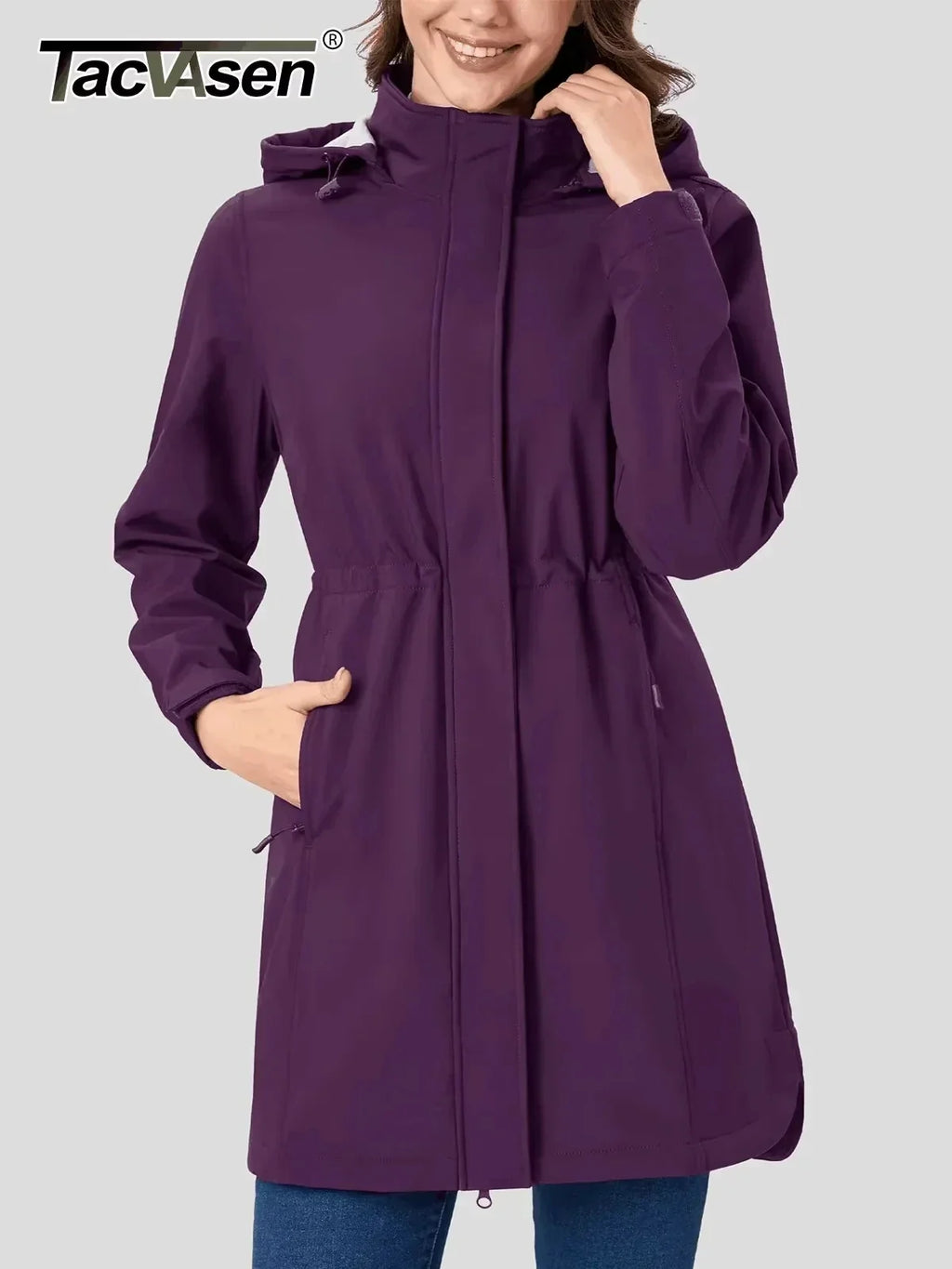 TACVASEN Women's Long Hooded Jacket Fleece Lined Softshell Jacket Waterproof Windproof Hiking Jacket Rain Coat Windbreaker Parka