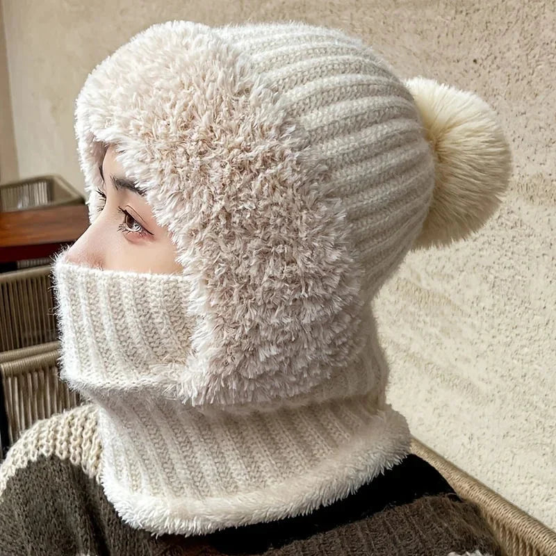 Winter Lined Knit Hat with Earflap & Hooded Neck Gaiter