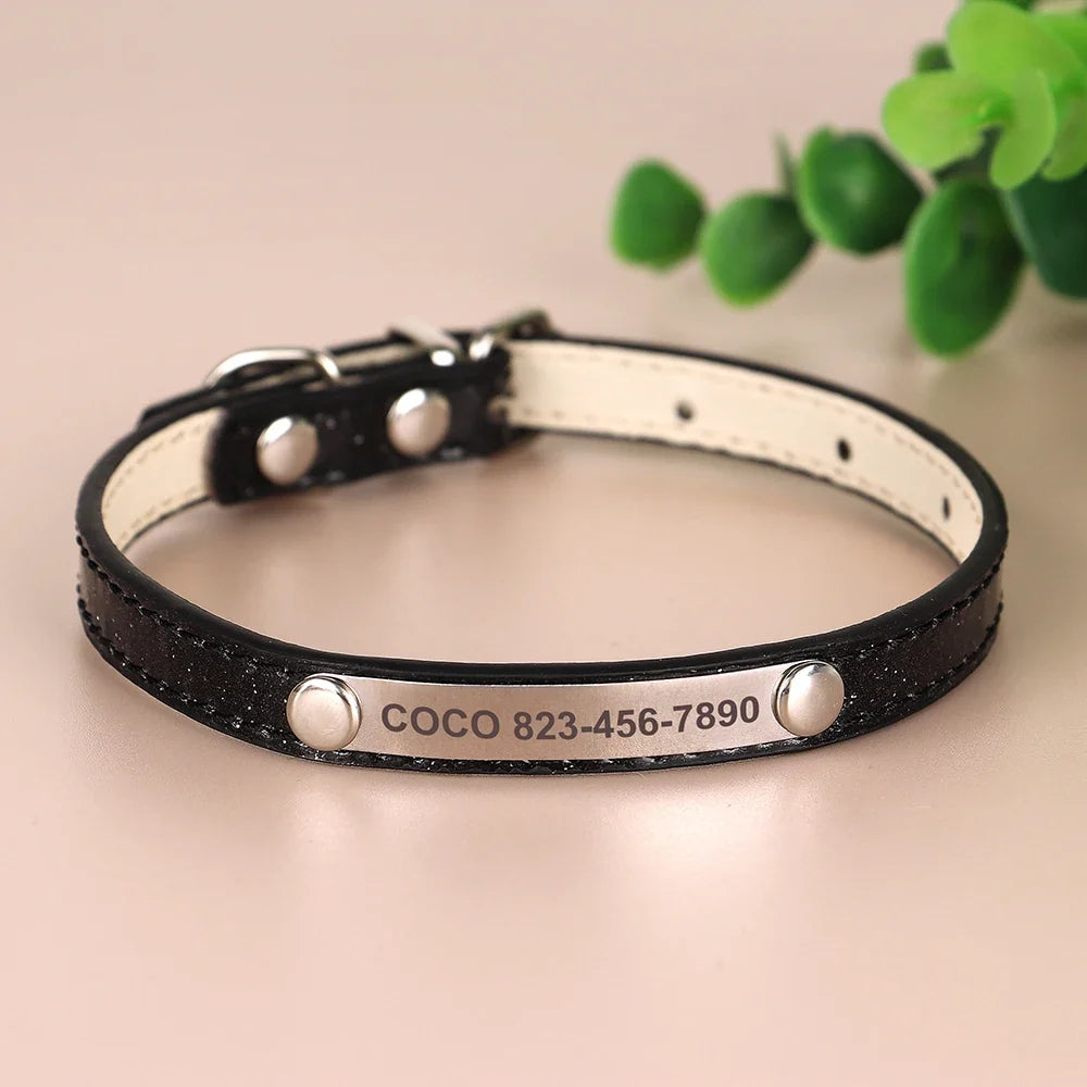 Personalized Cat Collar Custom Leather Cat Collars Free Engraved Puppy Kitten ID Necklace Bling Pet Collars for Small Dogs Cats