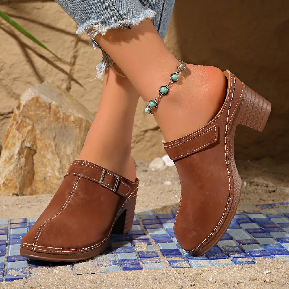 Slippers Women 2026 Summer New Plus Size Round Toe Women's Sandals Outdoor Rome Ladies Shoes Buckle Chunky Heel Slippers