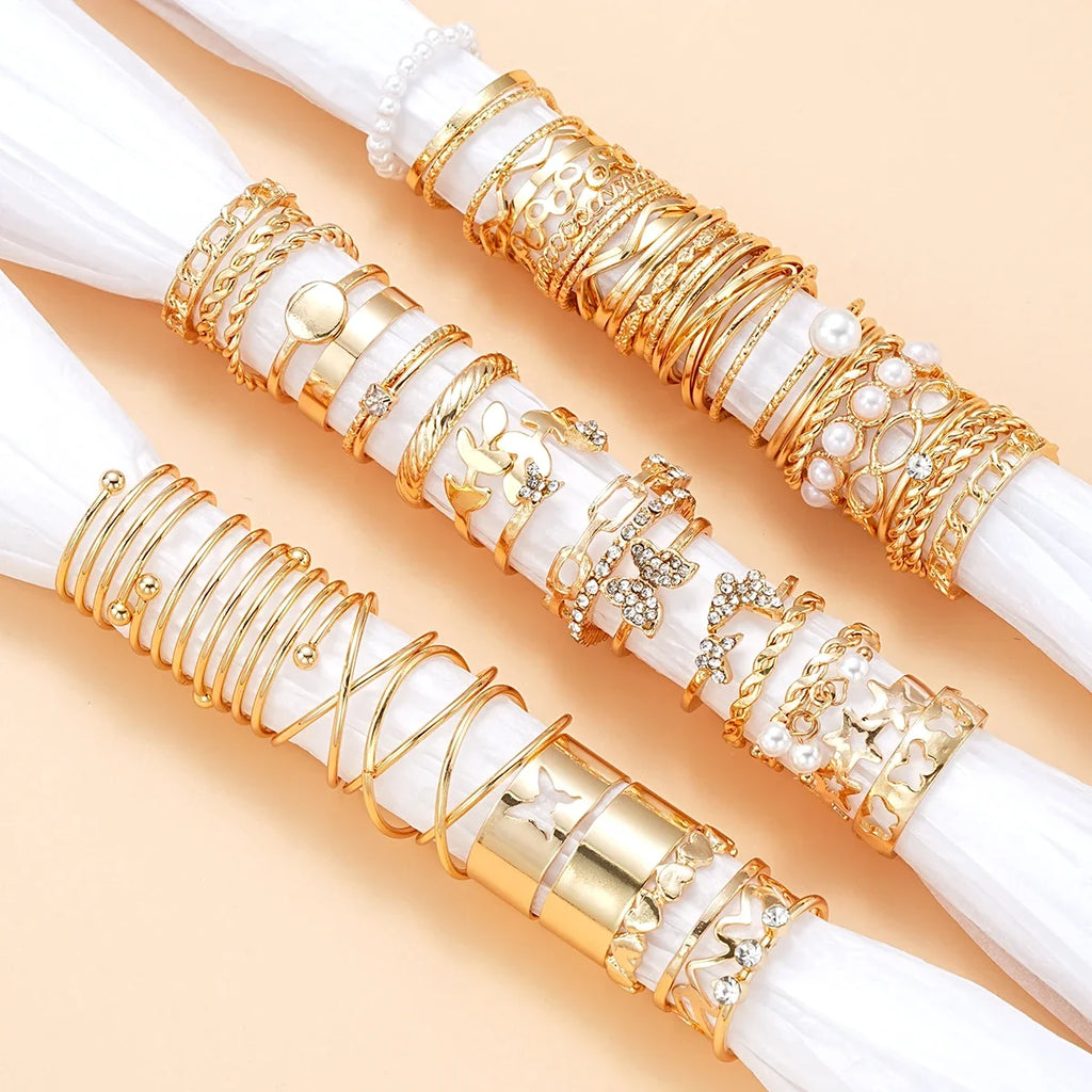 58PCS Vintage Heart Snake Butterfly Rings Set for Women Fashion Metal Gold Plated Geometric Hollow Finger Ring Jewelry Gifts New