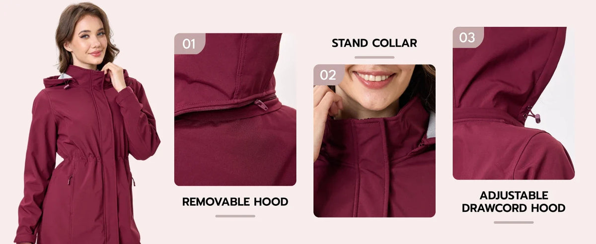 TACVASEN Women's Long Hooded Jacket Fleece Lined Softshell Jacket Waterproof Windproof Hiking Jacket Rain Coat Windbreaker Parka