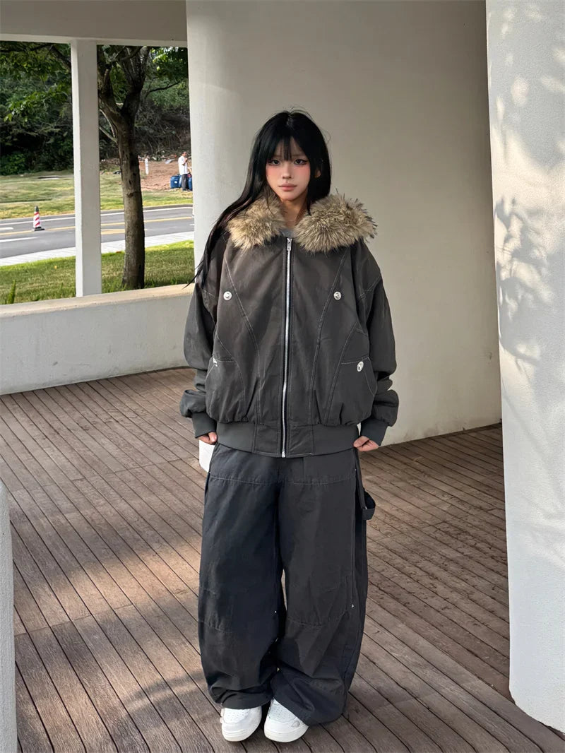 ZAROY Fur Collar Hooded Parkas Y2k Harajuku Thicken Padded Jackets Casual Zipper Gothic Women&Men Winter Coats Streetwear кур