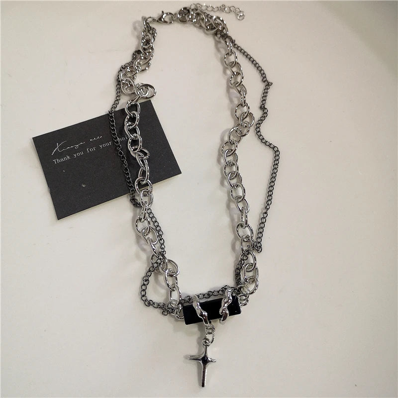 Punk Rock Black Heart Cross Pendant Chain Necklace For Men Women Cool Hip Hop Street Vintage 90s Y2K Grunge Goth Accessories