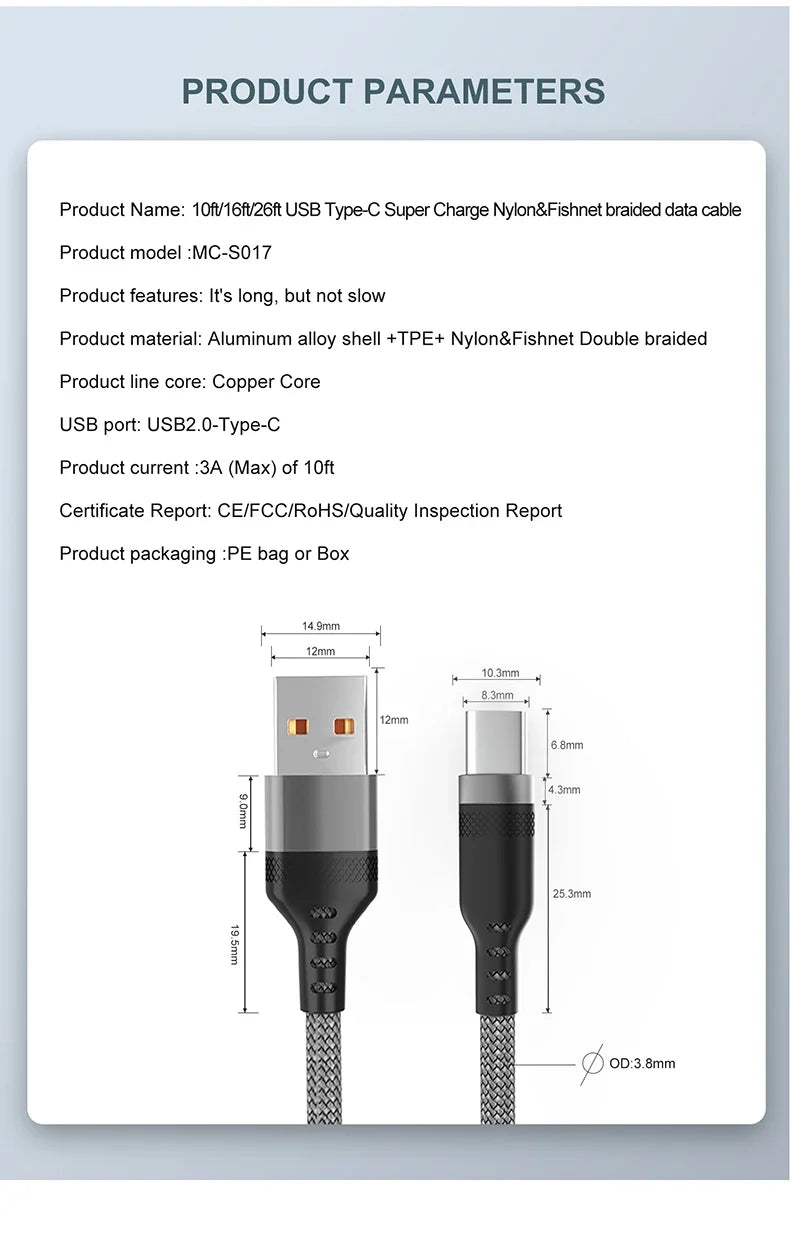USB Type C 6A Super- Charging Cable For Huawei USB C Extended 1m 2m 3m 5m 8-Meter Cable For Xiaomi Vivo Leeco OnePlus Oppo