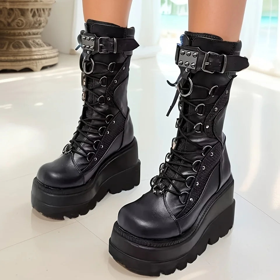 Brand New Ladies Goth Platform Boots Fashion Rivet Buckle Punk Wedges High Heels women's Boots Party Street Cosplay Woman Shoes