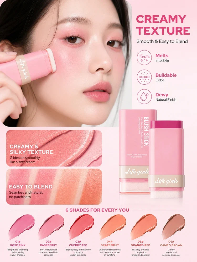 3-in-1 Cream Blush Stick Cheeks Lips Eyes, Long Lasting Waterproof Blendable Dewy Glow Makeup Stick for All Skin Tones