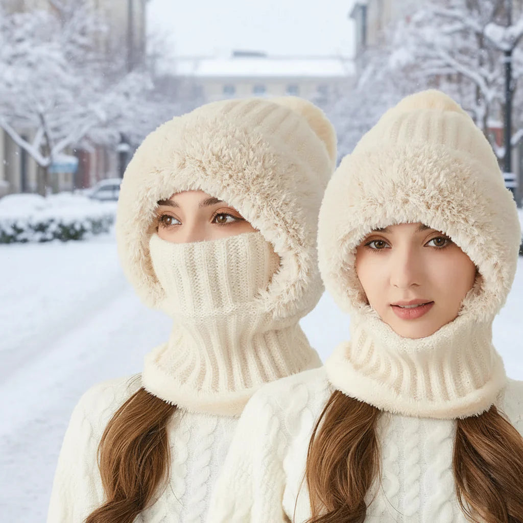 Winter Lined Knit Hat with Earflap & Hooded Neck Gaiter