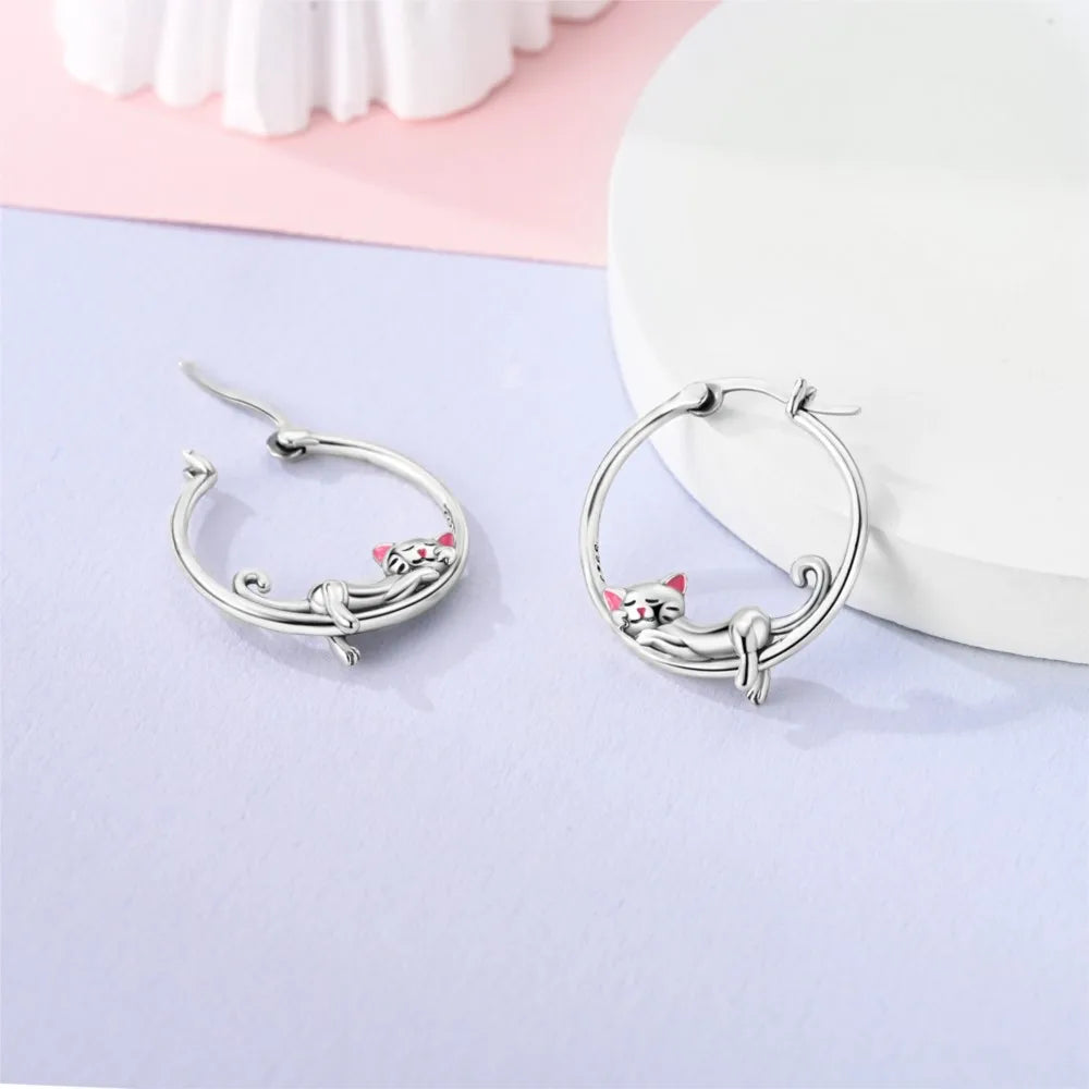 925 Sterling Silver Cute Lazy Cat Animal Pet Earrings Jewelry Hoop Earrings For Women Jewelry Birthday Party Fine Gifts