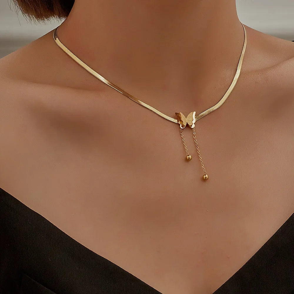 Stainless Steel Frosted Butterfly Necklace For Women Gold Silver Color Snake Chain Choker Necklace Female Fashion Party Jewelry