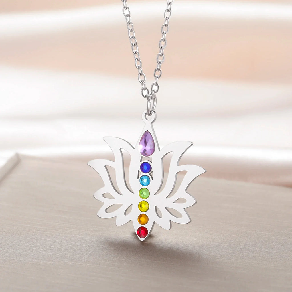 Gold Plated 7 Chakra Lotus Flower Necklace with Om Symbol Spiritual Yoga Jewelry Seven Colorful Zircon Lotus Flower Necklace
