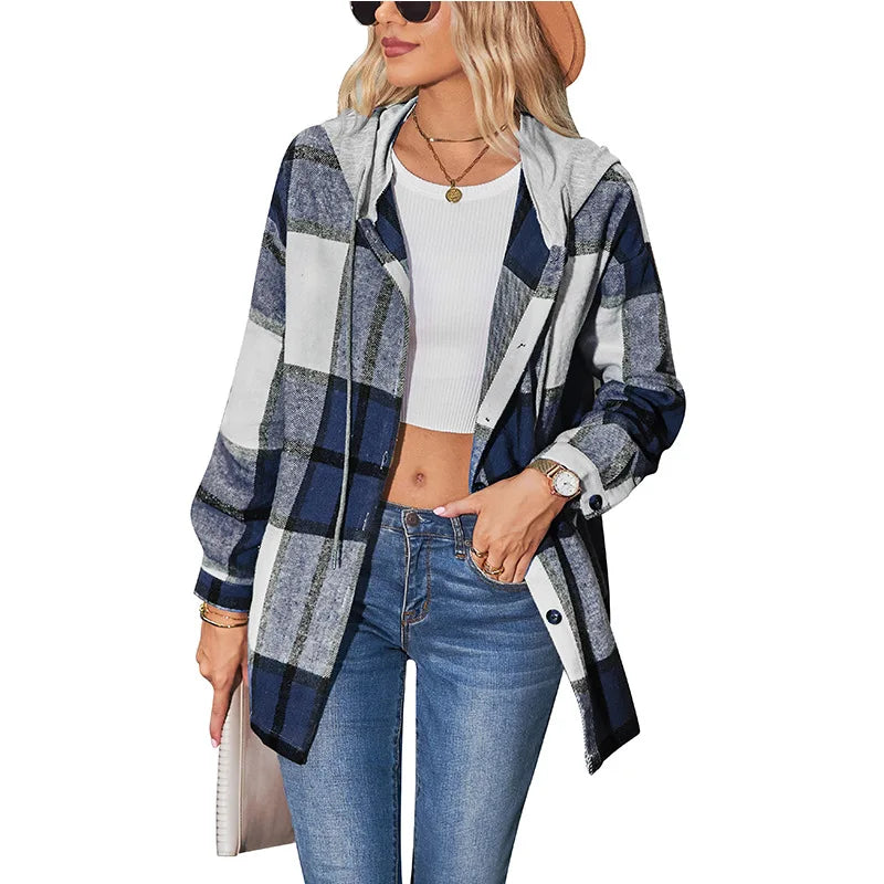 Women Hooded Plaid Wool Coat Blouse Top Spring Summer Fashion Outerwear