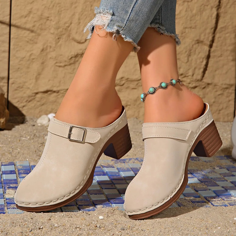 Slippers Women 2026 Summer New Plus Size Round Toe Women's Sandals Outdoor Rome Ladies Shoes Buckle Chunky Heel Slippers