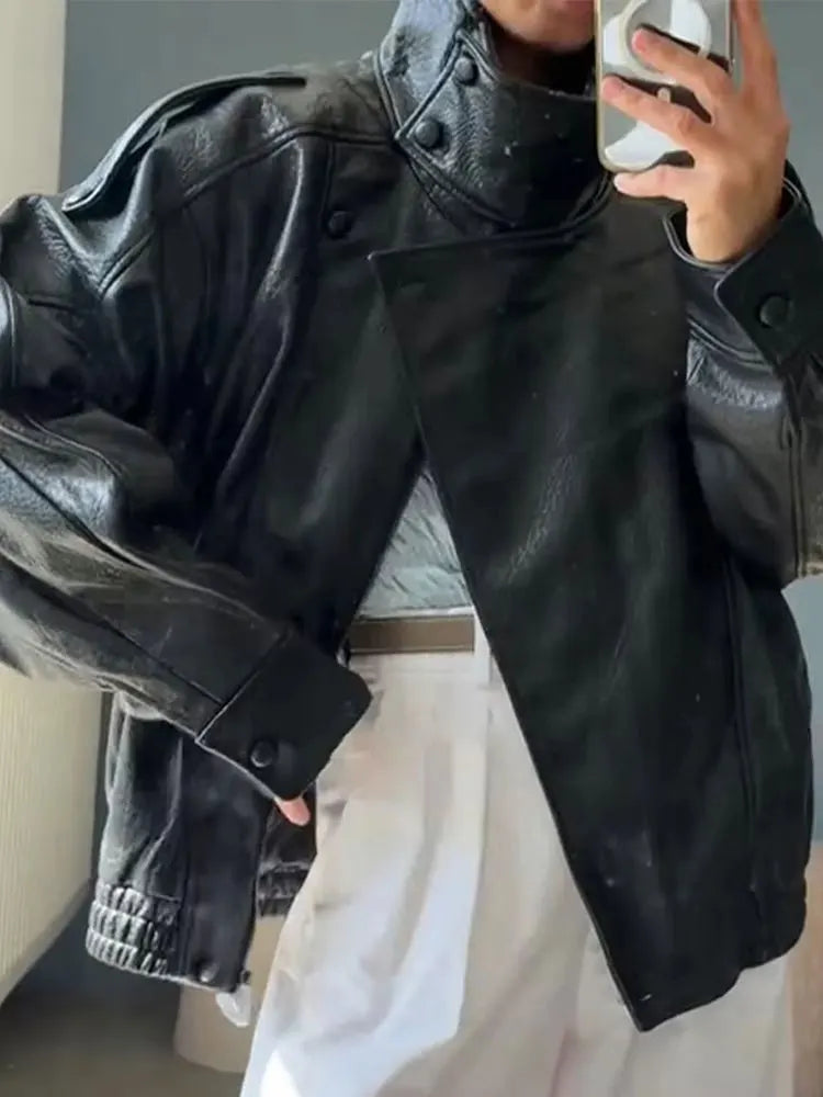 HH Autumn Faux Leather Jacket For Women Casual Solid Long Sleeve Zipper Pu Leather Coats New Fashion Female Streetwear