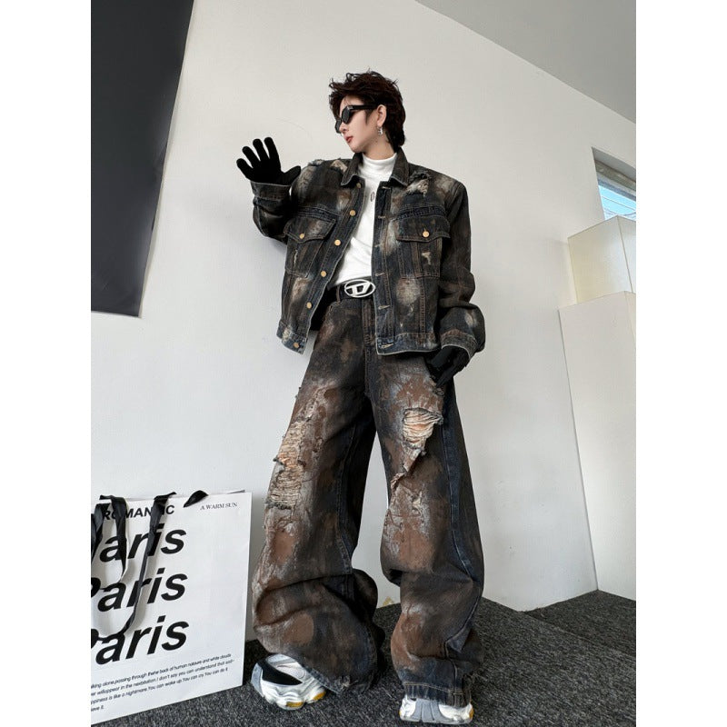 Old Cowboy Jacket and Ripped Denim Trousers Set