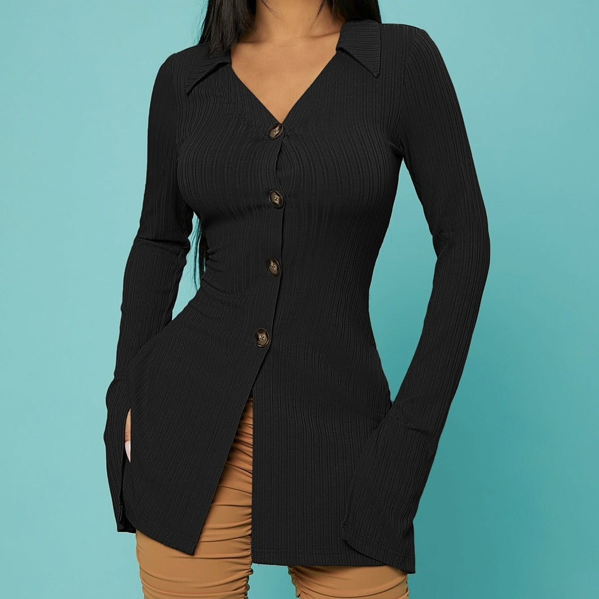 V-Neck Ribbed Knit Button Top