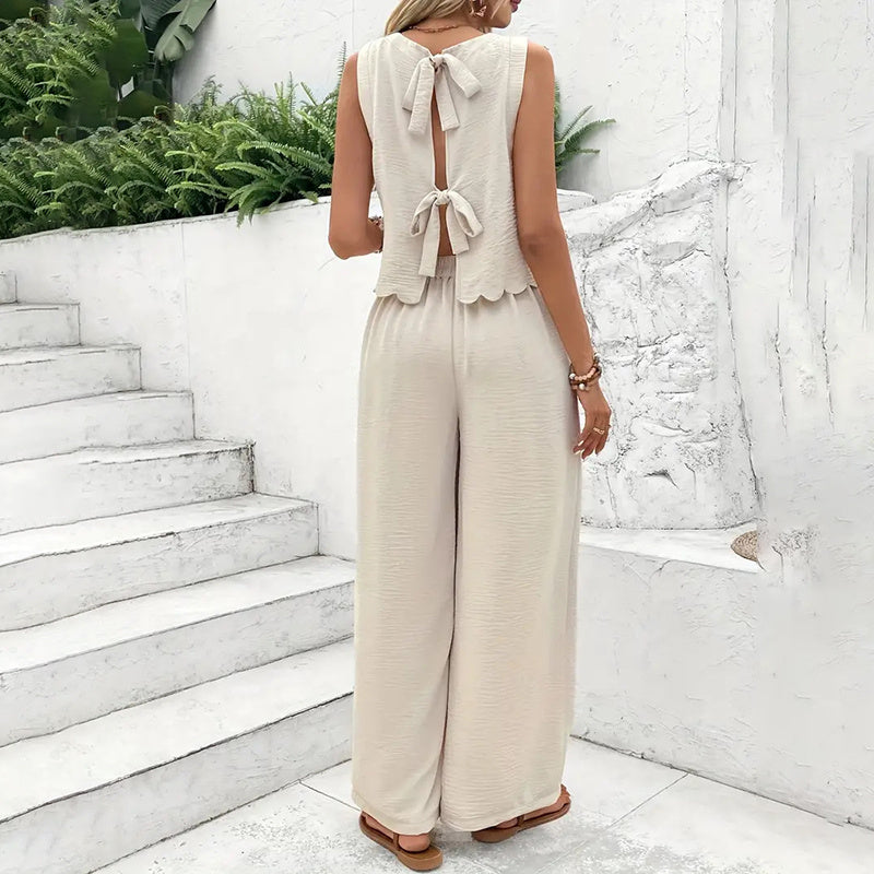Elegant 2-Piece Matching Set, Sleeveless Crop Top And Wide Leg Pants Outfits