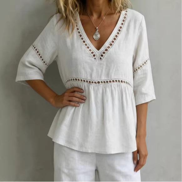 Solid-color V-neck Hollow-out Casual Fringed Top