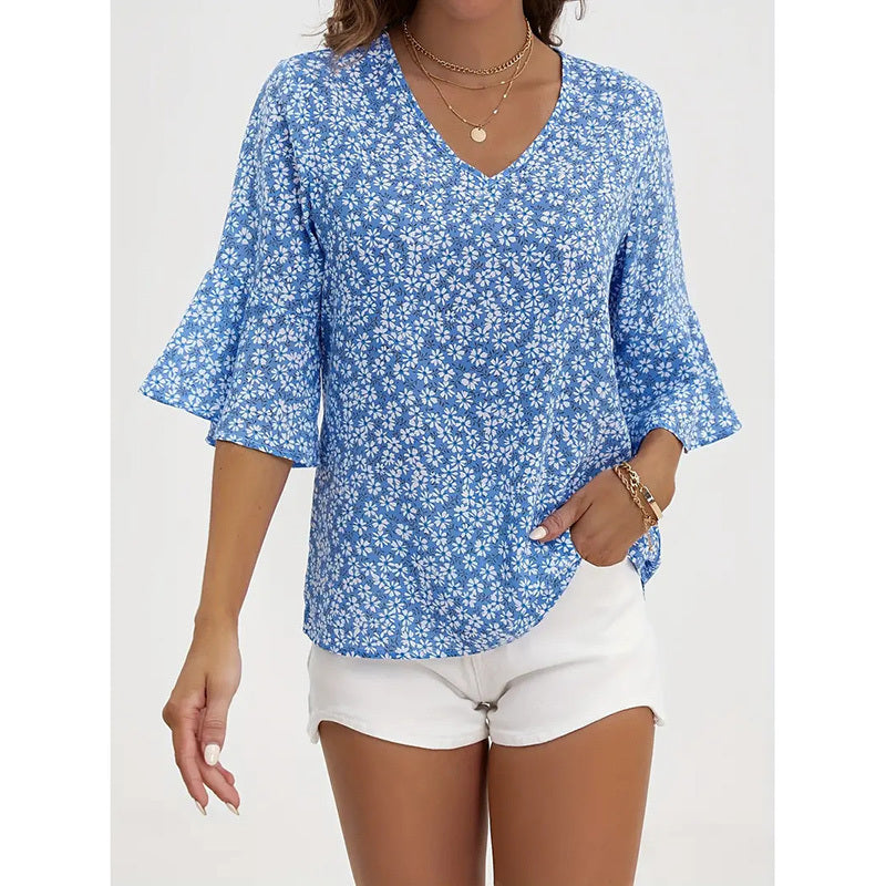 Womens Summer Floral Print Blouses V-Neck Flare Sleeve Tops
