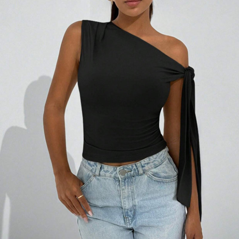 Women’s One-Shoulder Asymmetrical Tie Shoulder Top – Going Out & Party Shirt
