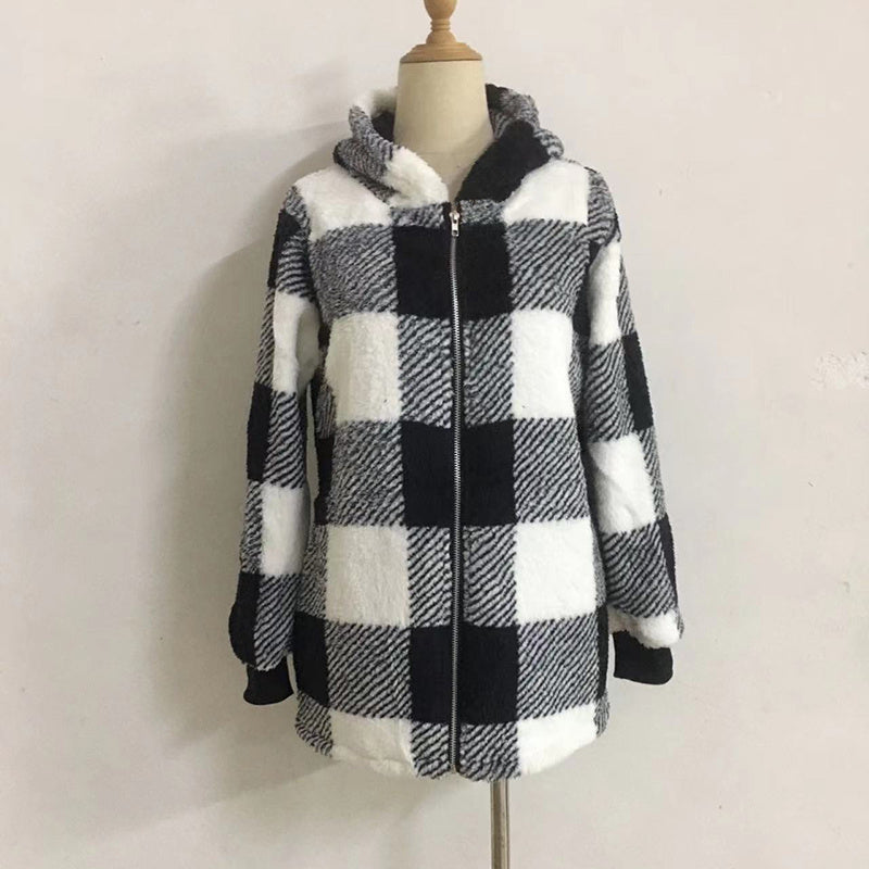 Plaid Hooded Zip-Up Oversized Jacket — Women’s Winter Commute Coat