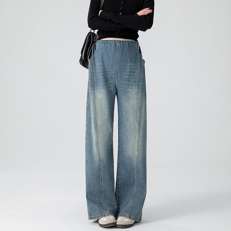 Retro Loose Straight-Leg High-Waist Floor-Length Wide-Leg Maternity Jeans