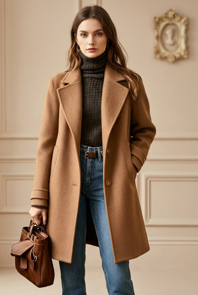 Women's Button-Front Mid-Length Lapel Coat