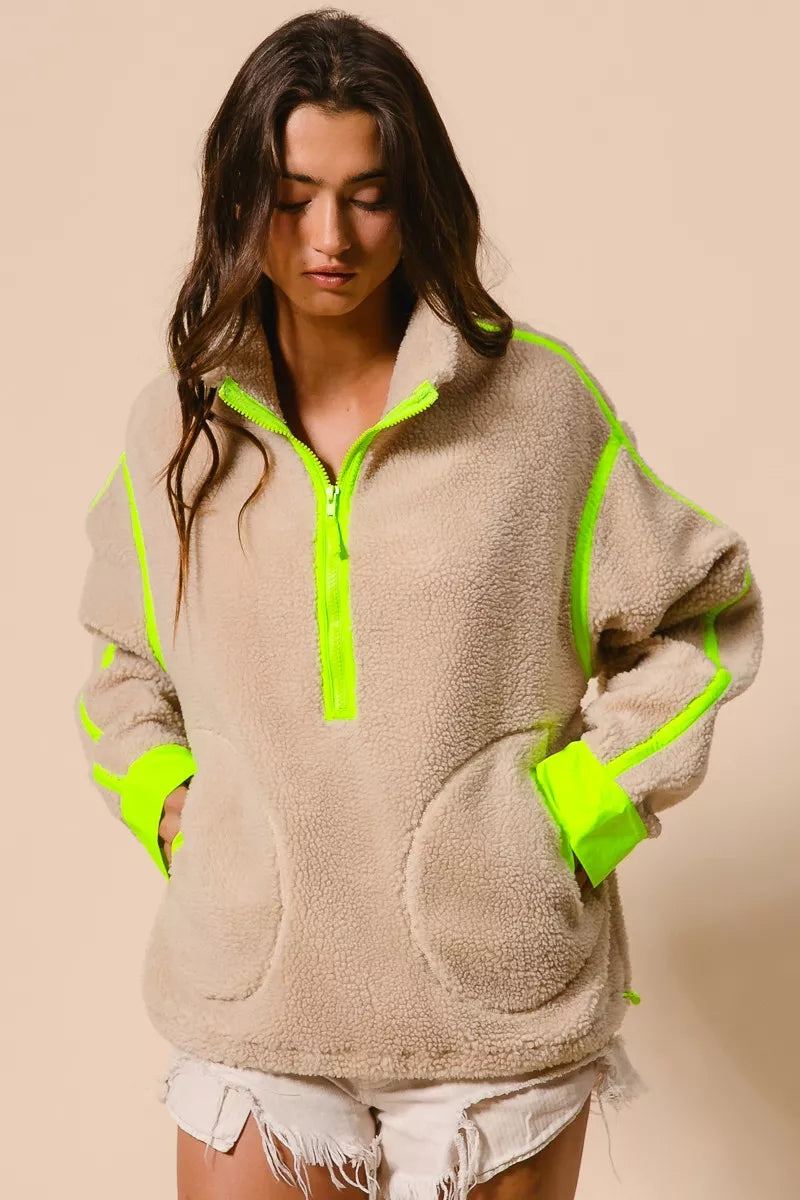 BiBi Contrast Edge Half Zip Up Sherpa Jacket