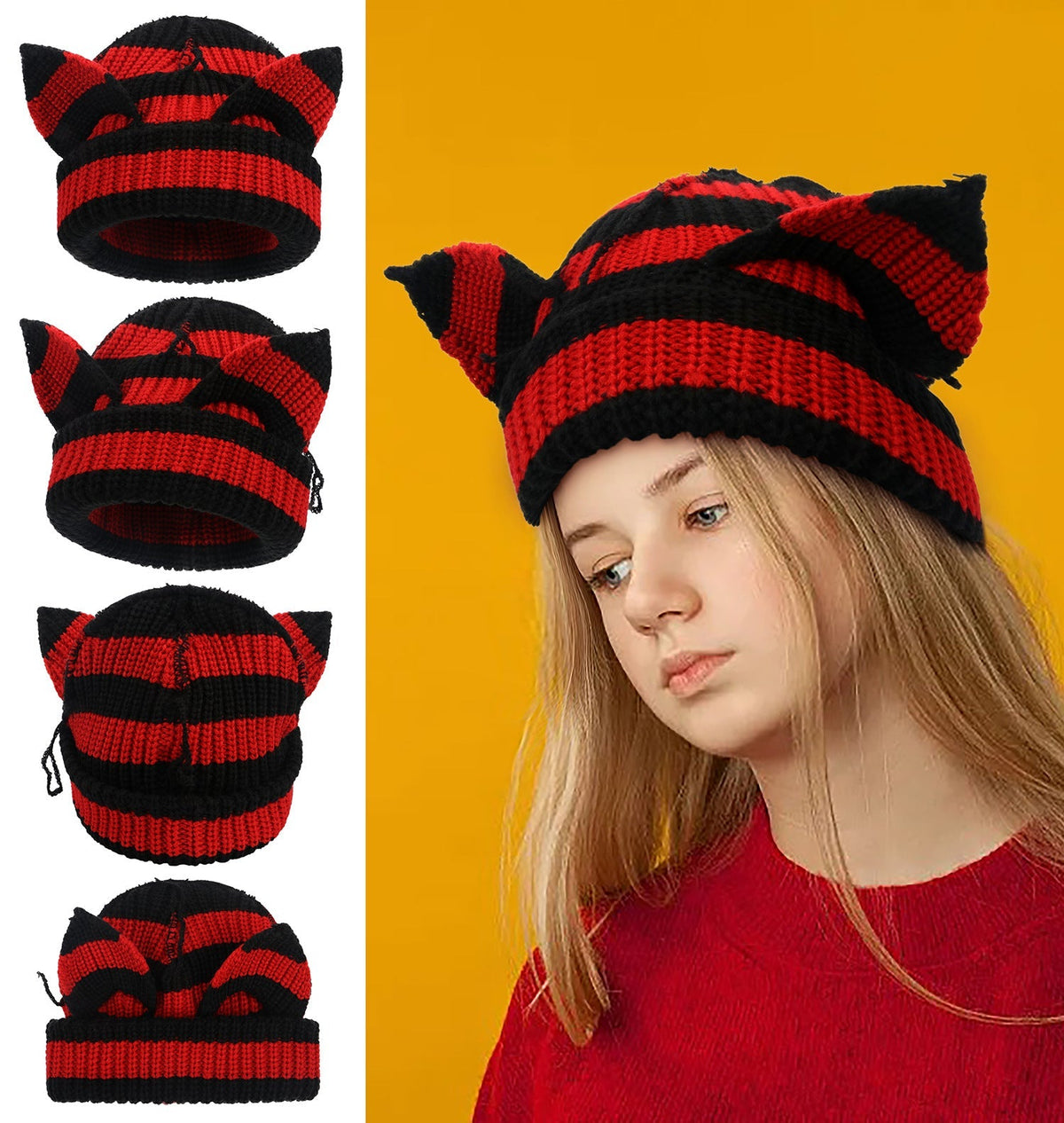Women’s Thickened Acrylic Knitted Hat with Devil Ears | Cozy Beanie