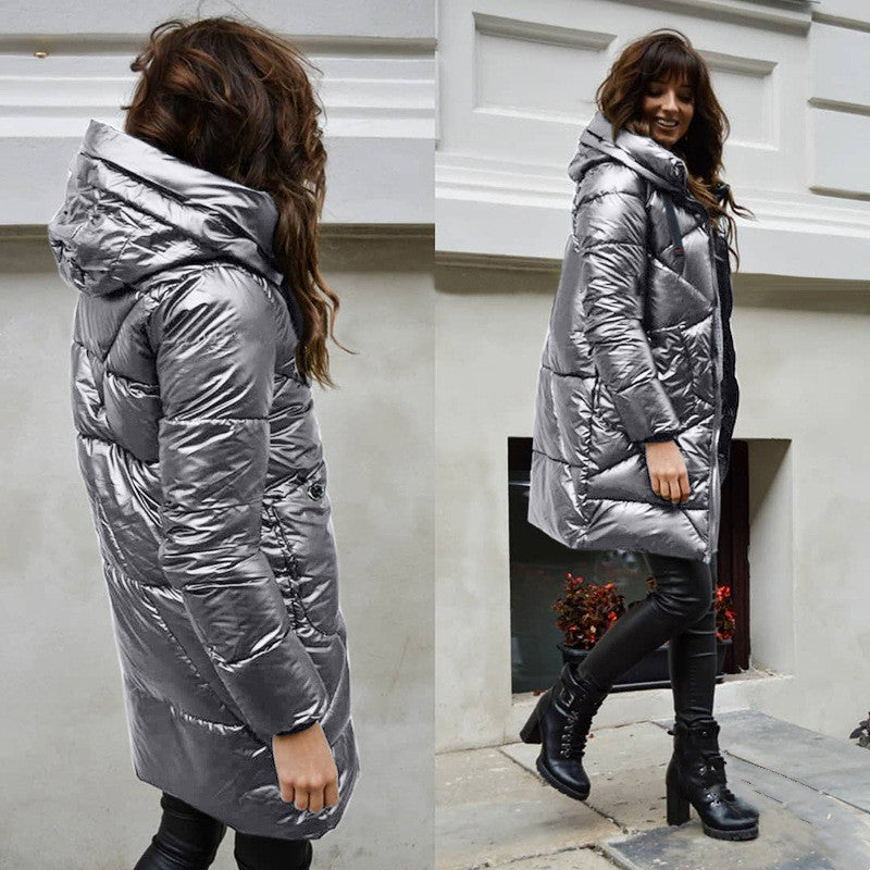 Women's Mid-length Solid Color Cotton Hooded Jacket