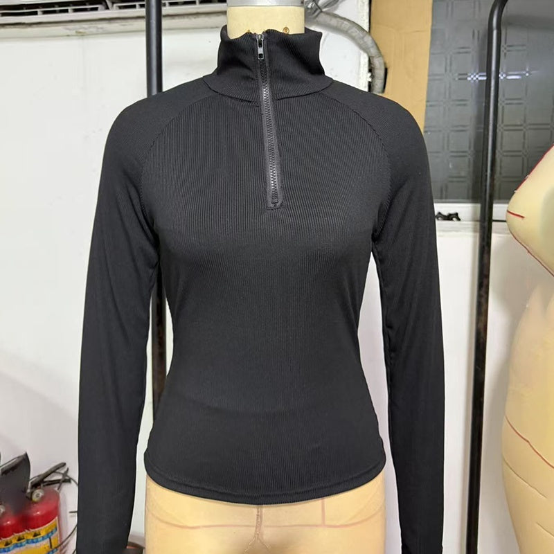 Solid Ribbed Half-Zip Turtleneck Knit Top