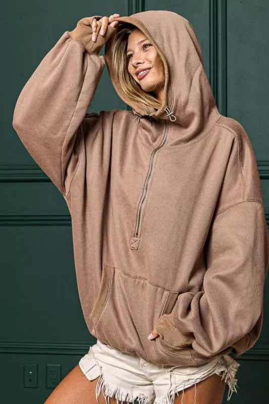 BiBi Stitch Detailed Elastic Hem Half Zip Fleece Hoodie