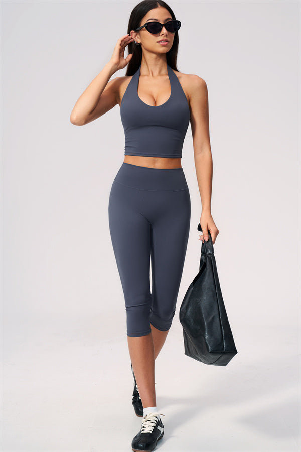 The Twirl Wide Strap Halter Crop Top Capri Leggings 2-Piece Set